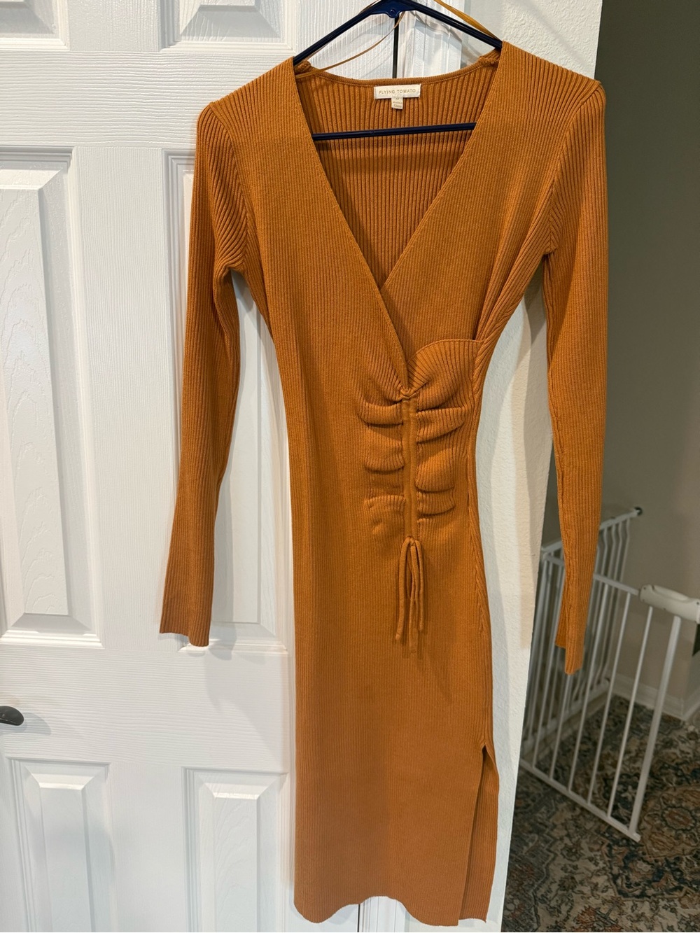 Flying Tomato Rust Ribbed Long Sleeve Midi Dress with Front Ruched Tie